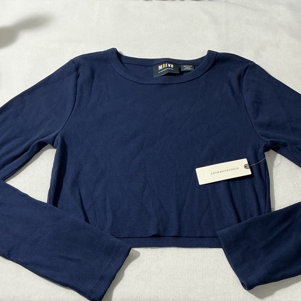Maeve Navy Blue Ribbed Long Sleeve Crop Top